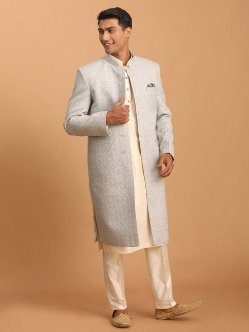 Vastramay Men's Grey Jaccard Sherwani With Cream Kurta Pant Set